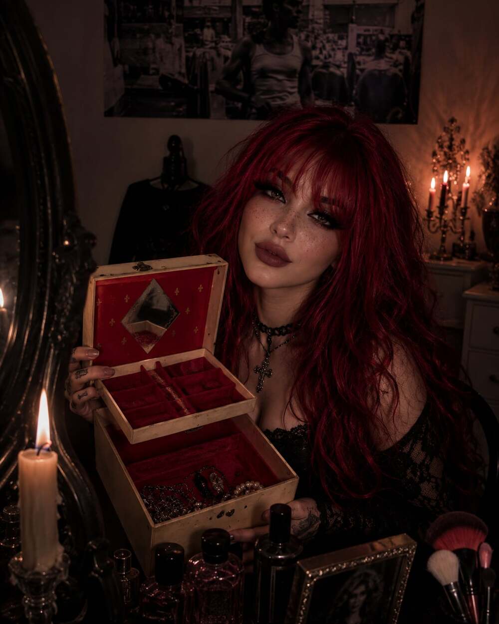 Vintage Mid-Century Jewelry Box with Red Velvet Interior and Mirror